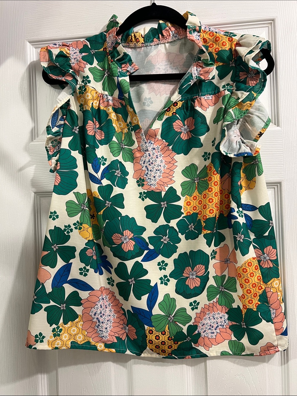 Women’s SHEIN  Floral Ruffle Sleeve Top Blouse- Green Multi